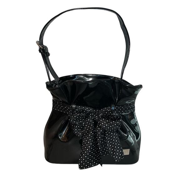 Beijo Black Vegan Patent Leather Paper Bag Handbag Polka Dot Scarf Twee Preppy - Picture 1 of 15